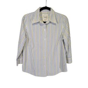 Izod Shirt White Blue Striped Button Up Long Sleeve Collard Cotton Women's Top L